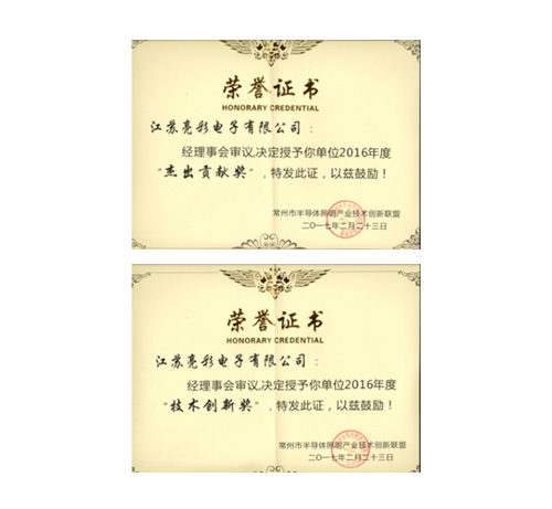 榮獲常州市半導(dǎo)體照明產(chǎn)業(yè)技術(shù) 創(chuàng)新聯(lián)盟頒發(fā)的“杰出貢獻獎”、 “協(xié)助獎”以及“年度先進個人獎”